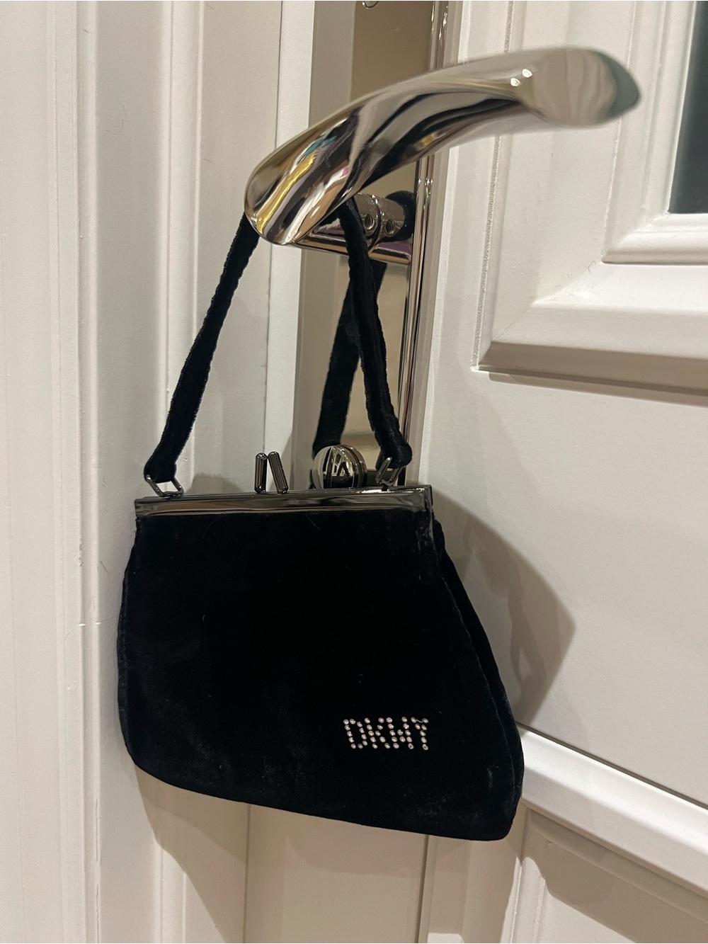 DKNY Black Velvet Wristlet Clutch with Crystal Logo